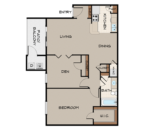 Floor plan for 1 bed, 1 bath, 840 sqft